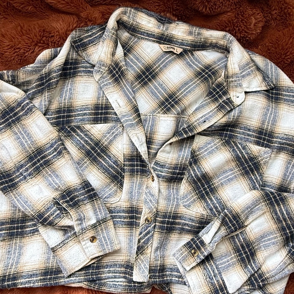 Ci Sono Navy and Tan Plaid cropped flannel